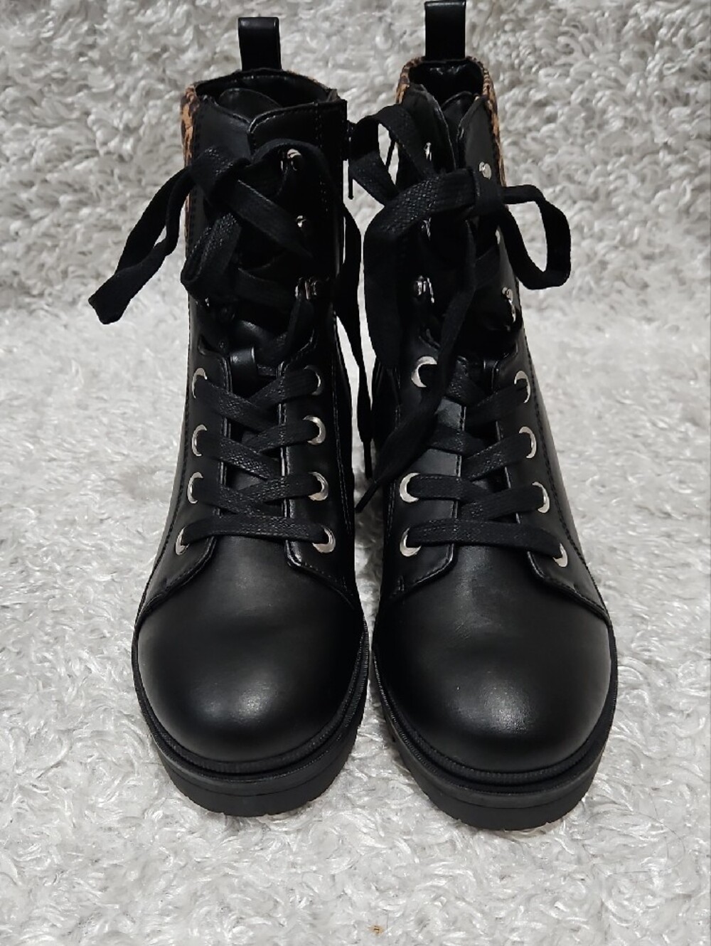 Nine West Black Lace-Up Combat Boot with Leopard Cuff - Picture 4 of 12